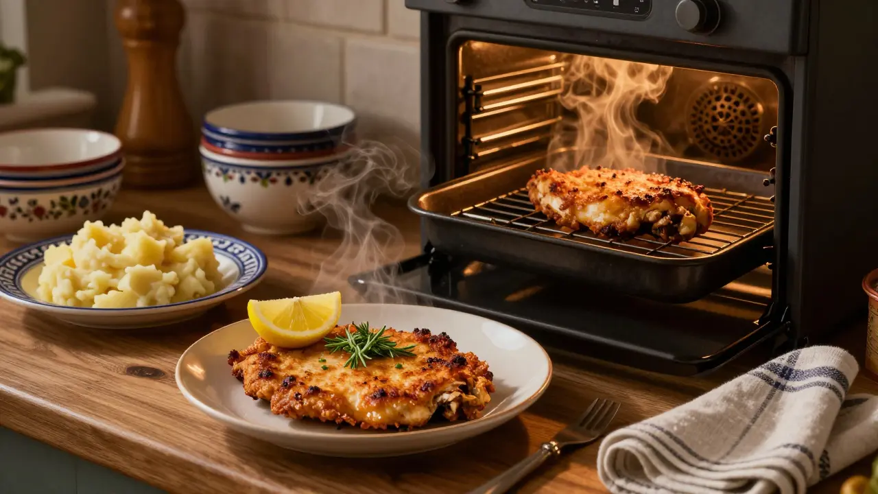 Připravený kuřecí řízek s bramborovým pyré a teplou troubou v pozadí.