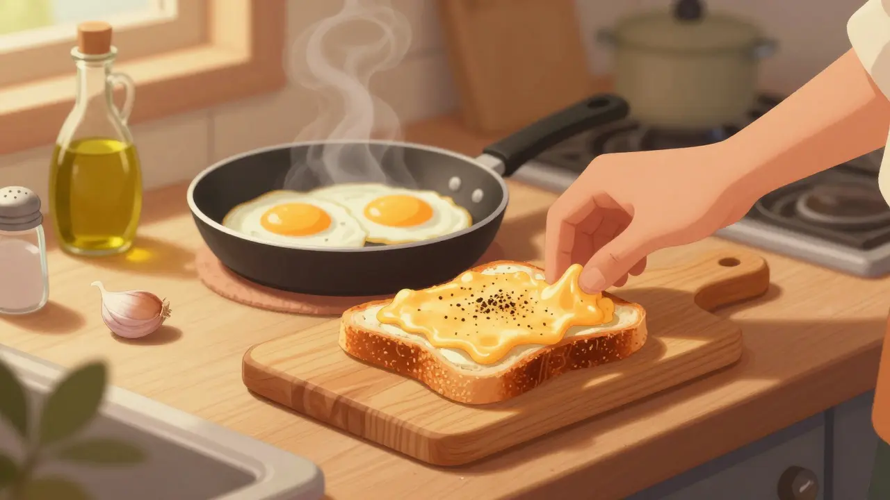 Připravený oběd z pečeného chleba s roztaveným sýrem a vajíčky na pánvi, s česnekem a olejem na pozadí.