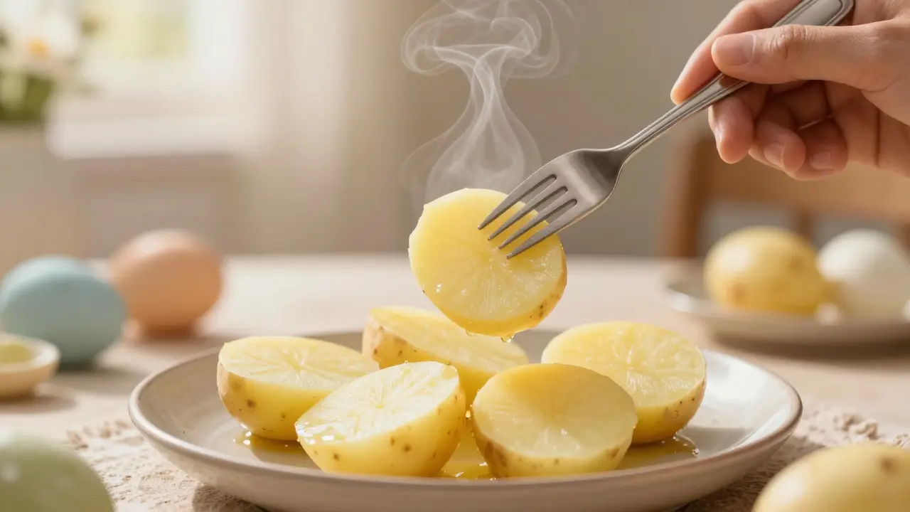 Ruka zkouší konsistenci vařených brambor vidličkou, voda a pára kolem.