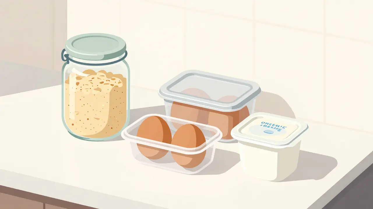 Různé nádoby s ovsem, vejci a jogurtem v lednici