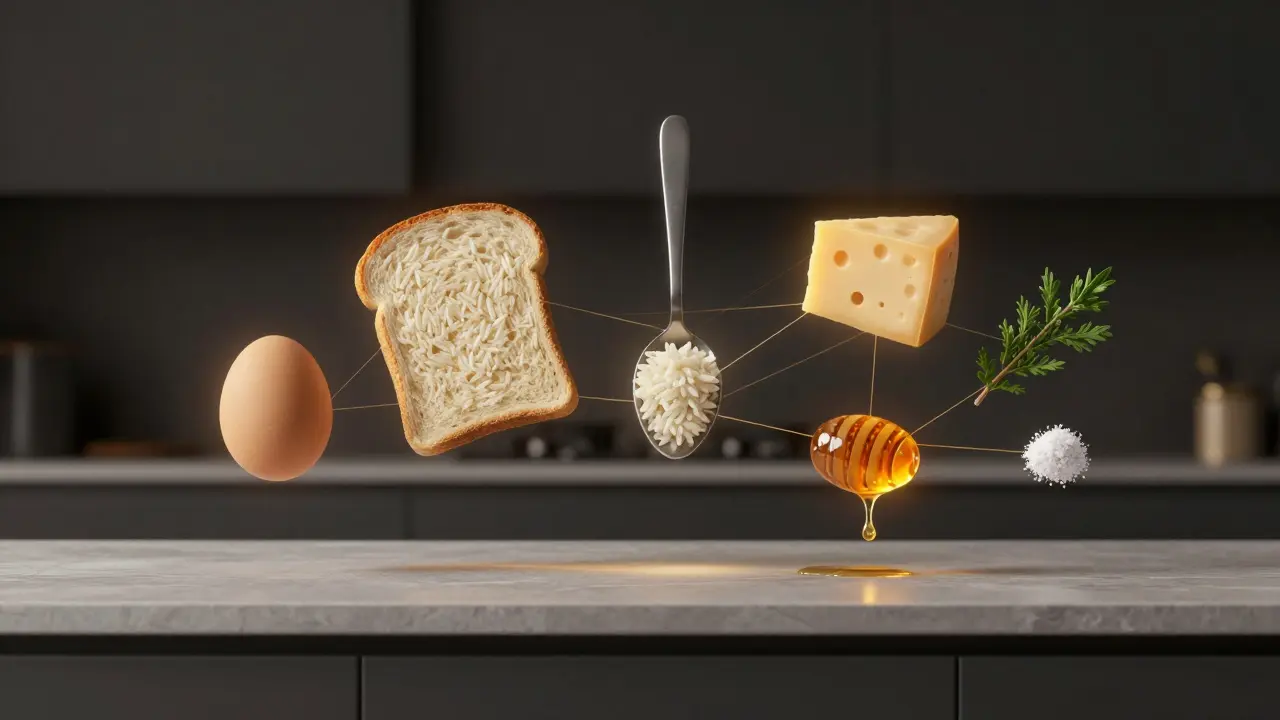 Sedm základních potravin – vejce, chléb, rýže, sýr, bylinky, med a sůl – září nad kuchyňským stolem jako symboly kreativity.