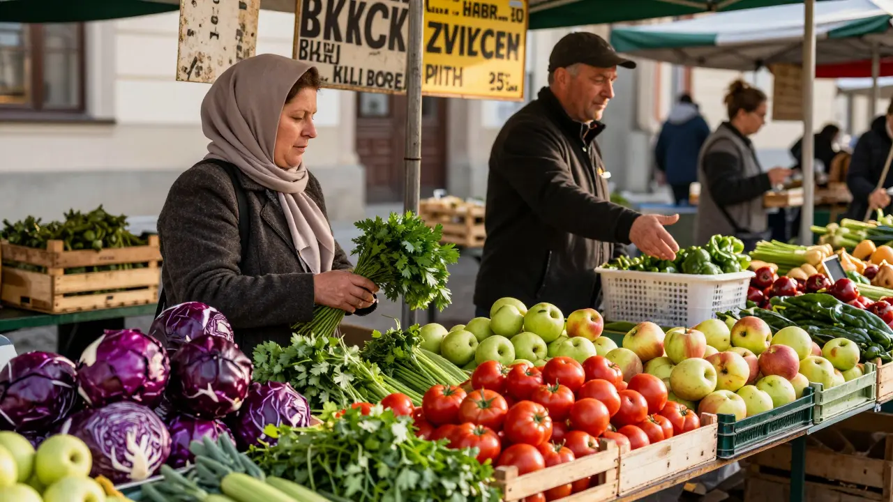 Trh v Brně s čerstvou sezónní zeleninou a ovoce, žena vybírá zeleninu od prodavače.