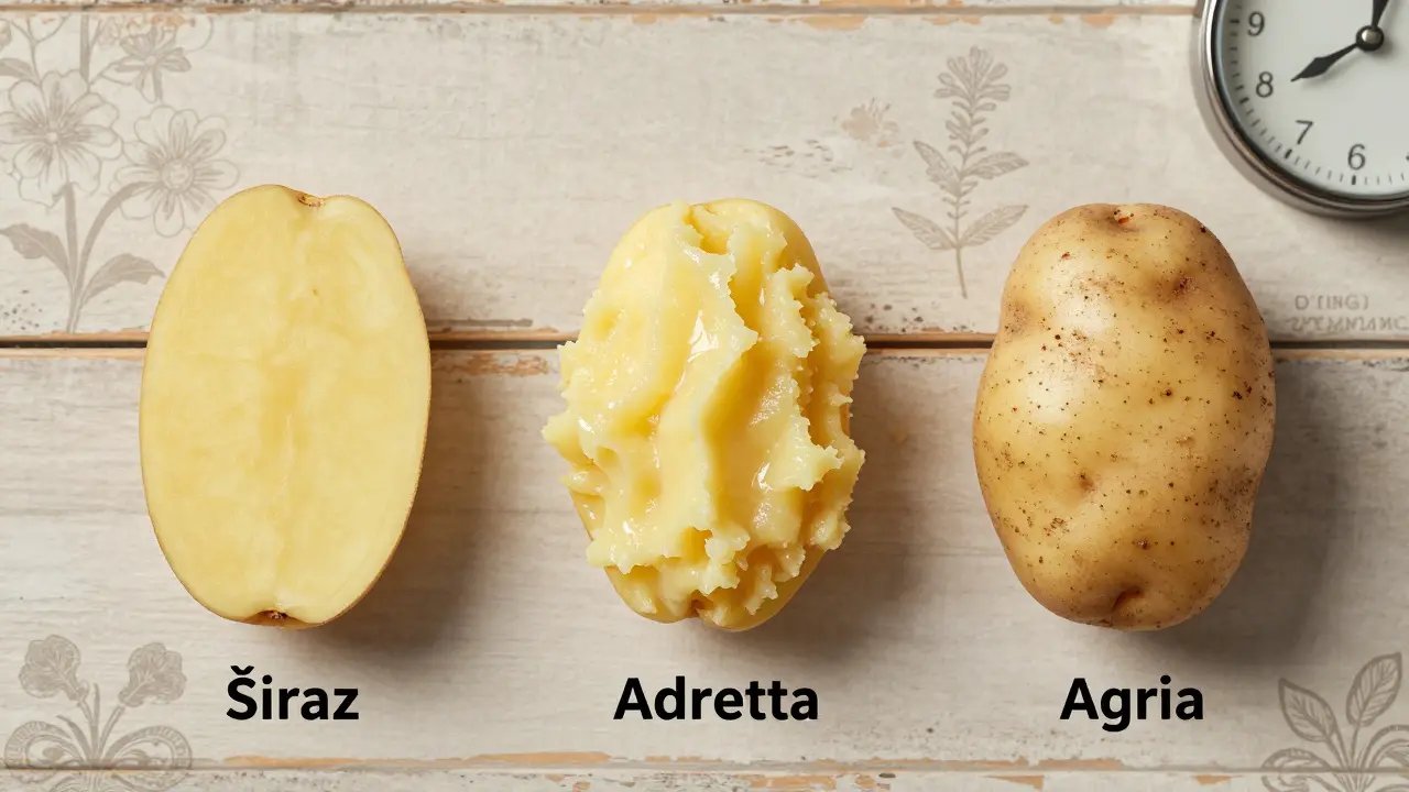 Tři druhy brambor s různou konsistencí: dokonalé, převařené a syrové, na dřevěném pozadí.