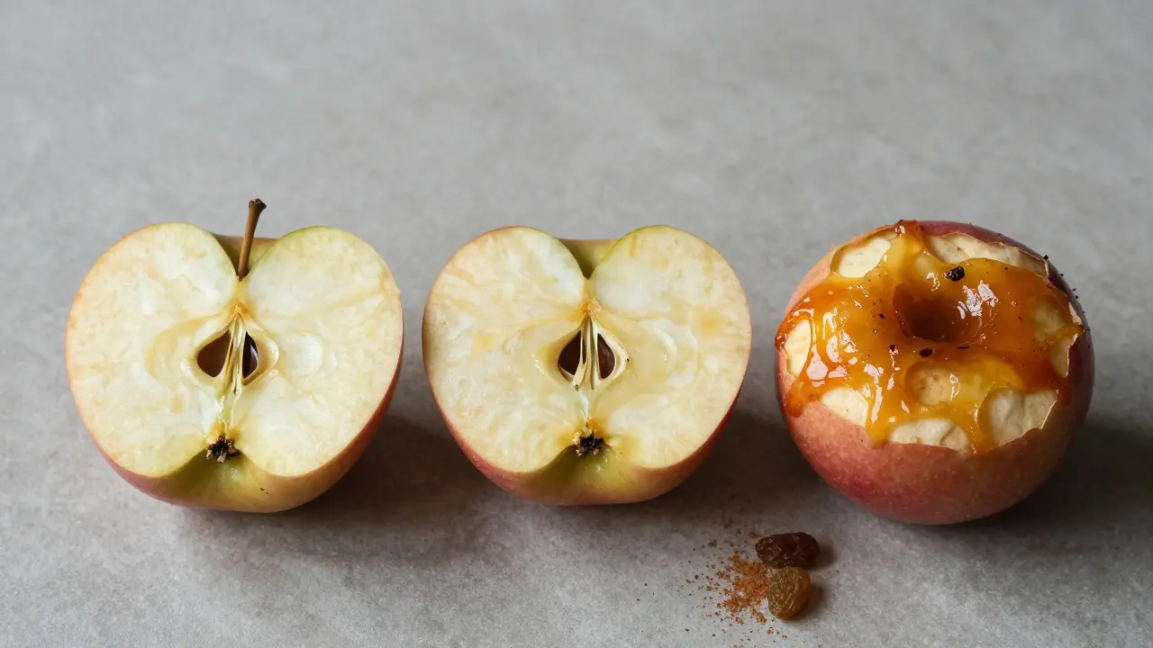 Tři stavy pečeného jablka: syrové, připravené a dokončené, v přírodním světle.