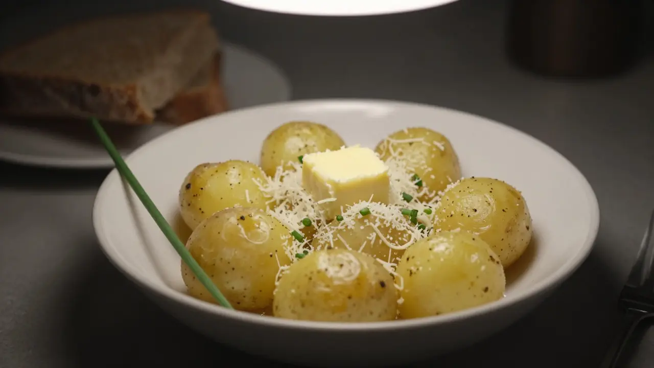 Vařené brambory s máslí a drobným sýrem na jednoduchém talíři.