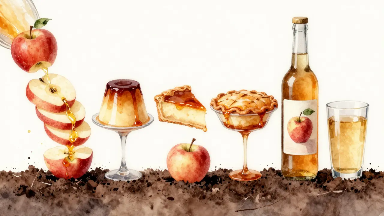 Vodová barva znázorňující přeměnu jablek v různé výrobky, končící kompostem.