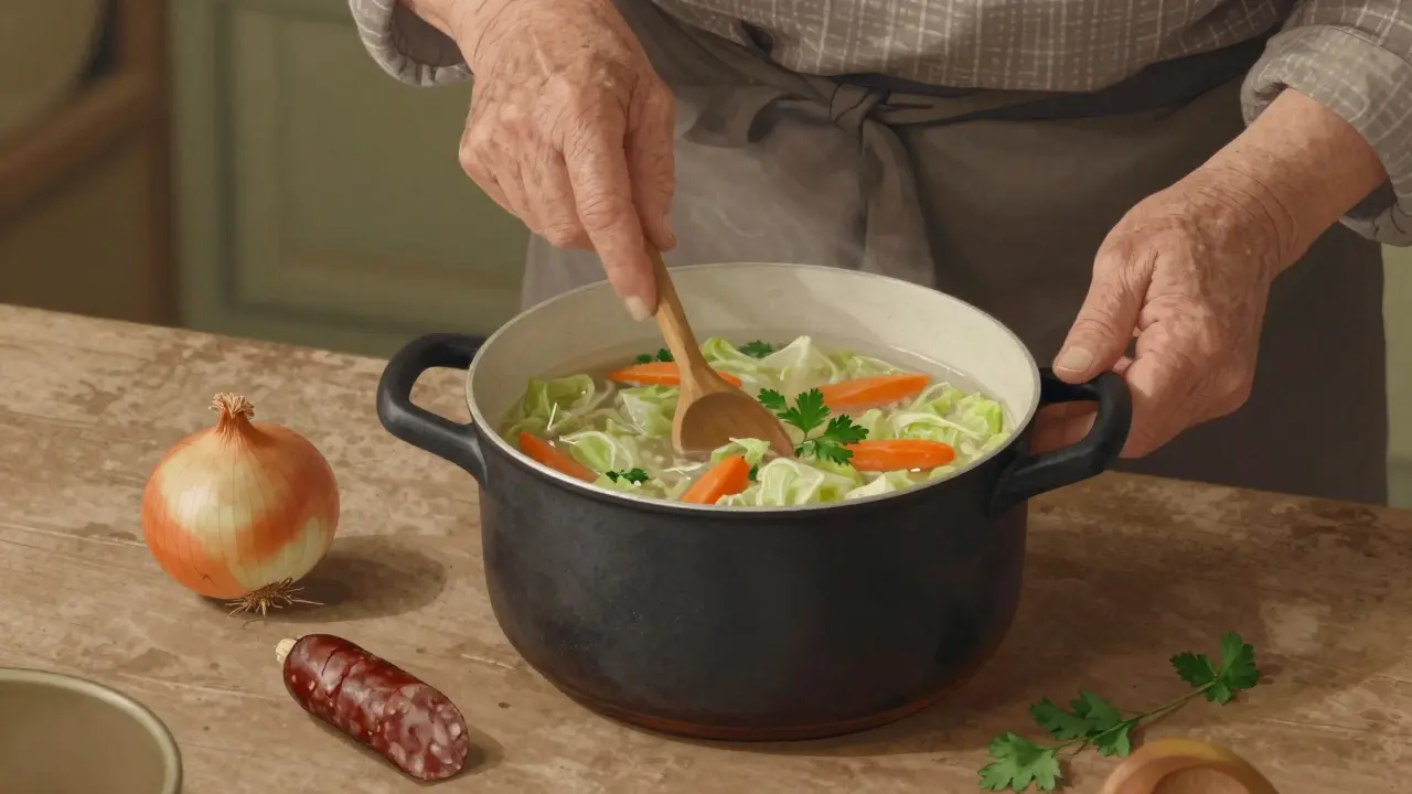 Žena vaří zelňačku z vody a zeleniny v hrnci na kuchyňském stole.